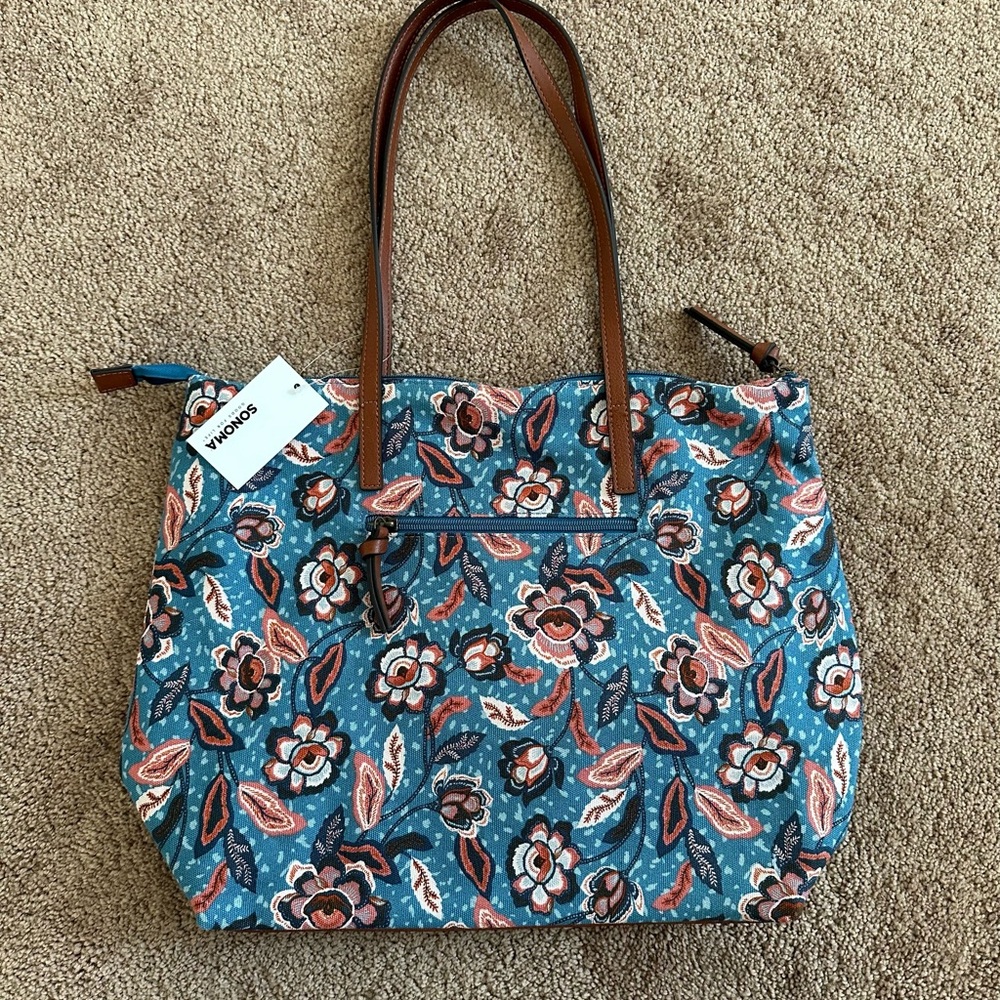 Sonoma Goods For Life Canvas Tote Bag Floral Blue NWT - Picture 2 of 7